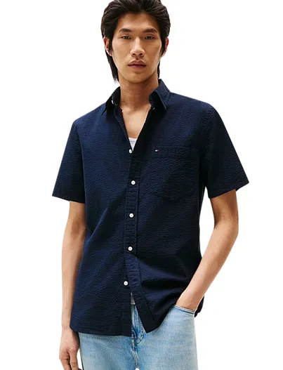 Tommy Hilfiger Tommy Hilfiger overhemd korte mouw navy gestreept