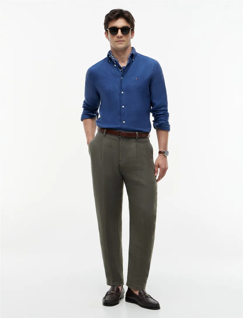 100% linnen overhemd button-down collar Tommy Hilfiger kobaltblauw
