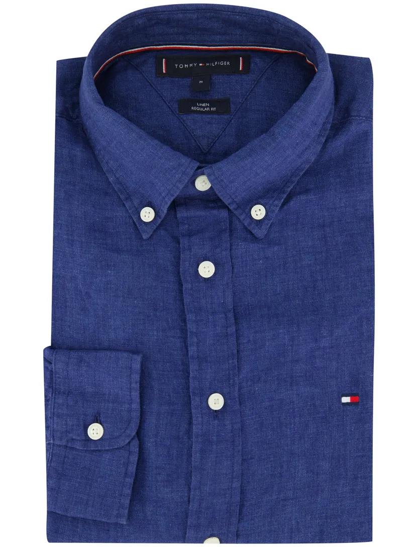100% linnen overhemd button-down collar Tommy Hilfiger kobaltblauw