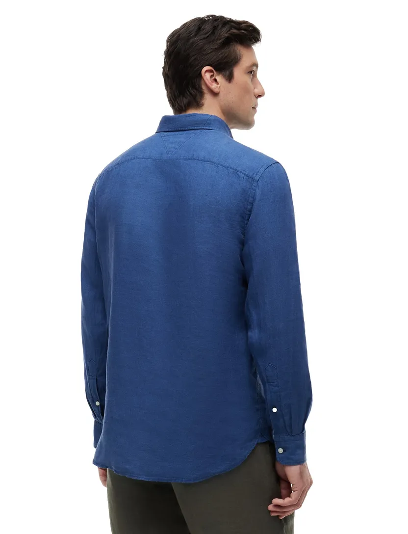 100% linnen overhemd button-down collar Tommy Hilfiger kobaltblauw