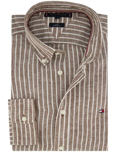 Tommy Hilfiger Bruin wit gestreept linnen overhemd Tommy Hilfiger Regular Fit