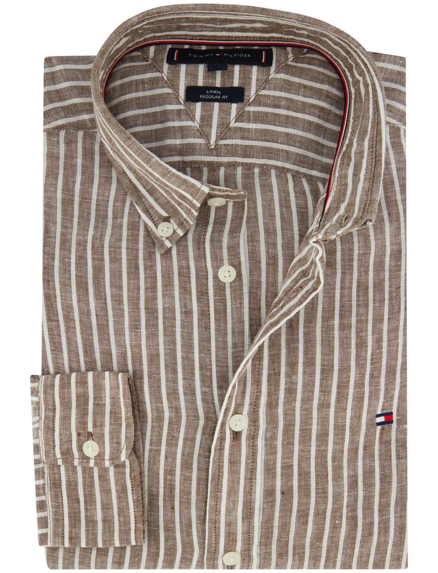 Tommy Hilfiger Regular Fit overhemd bruin wit gestreept linnen