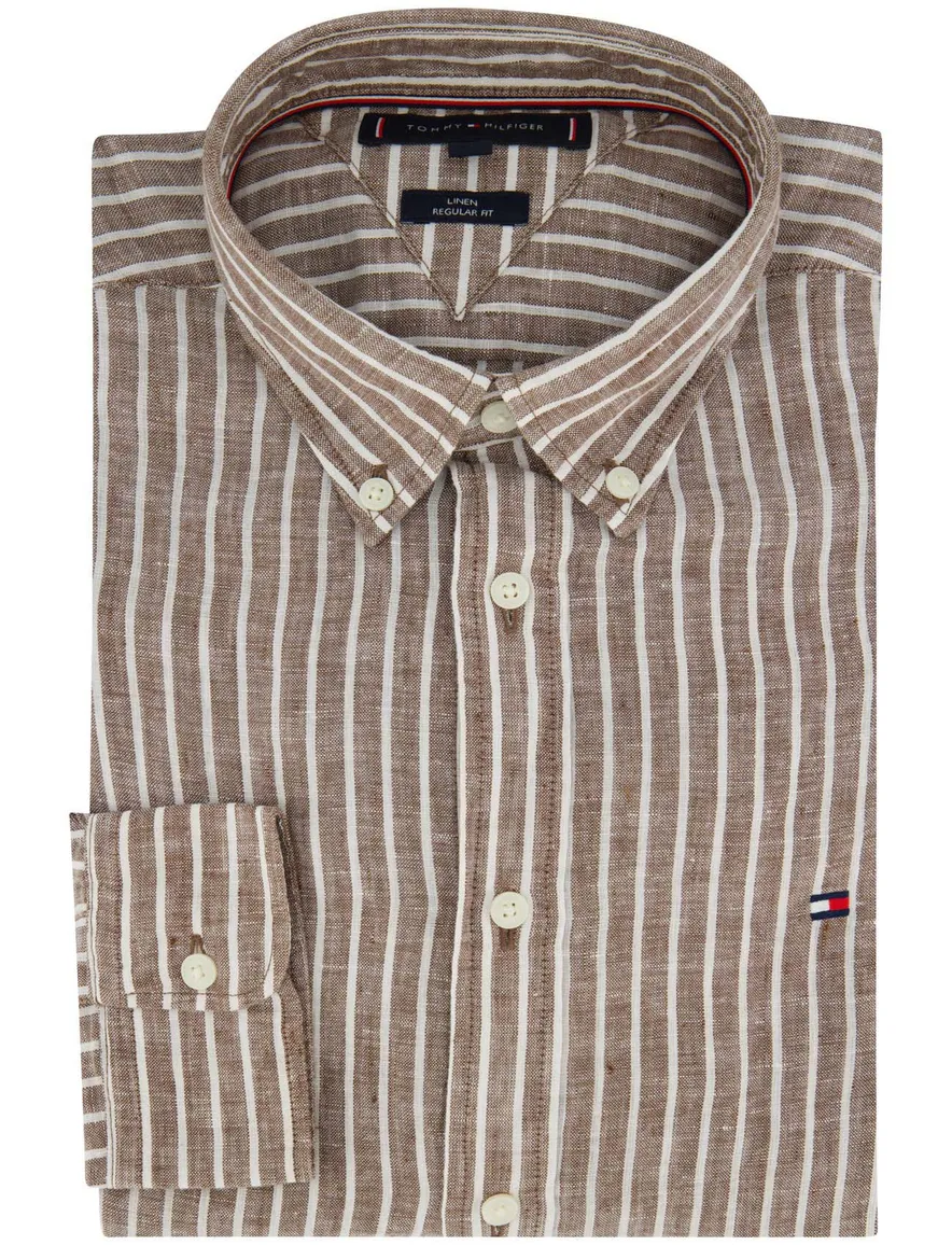 Tommy Hilfiger Regular Fit overhemd bruin wit gestreept linnen