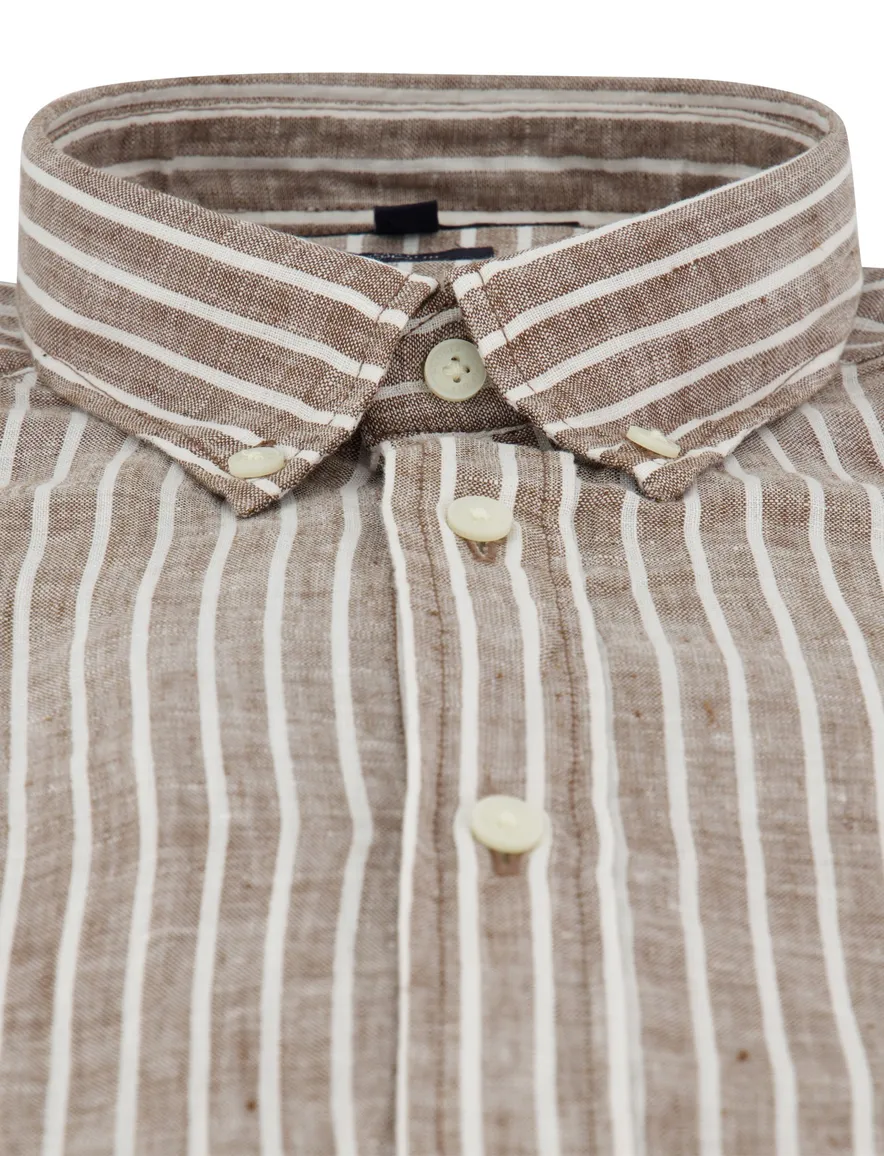 Tommy Hilfiger Regular Fit overhemd bruin wit gestreept linnen
