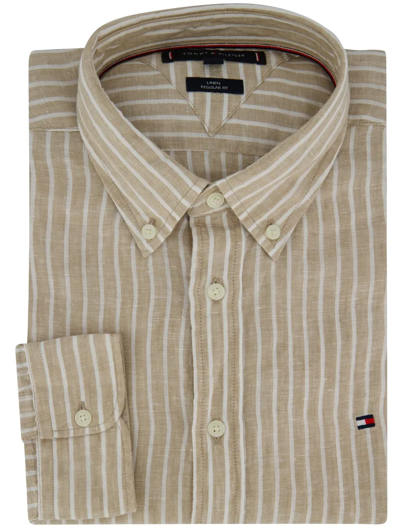 overhemd gestreept beige Tommy Hilfiger linnen button-down collar