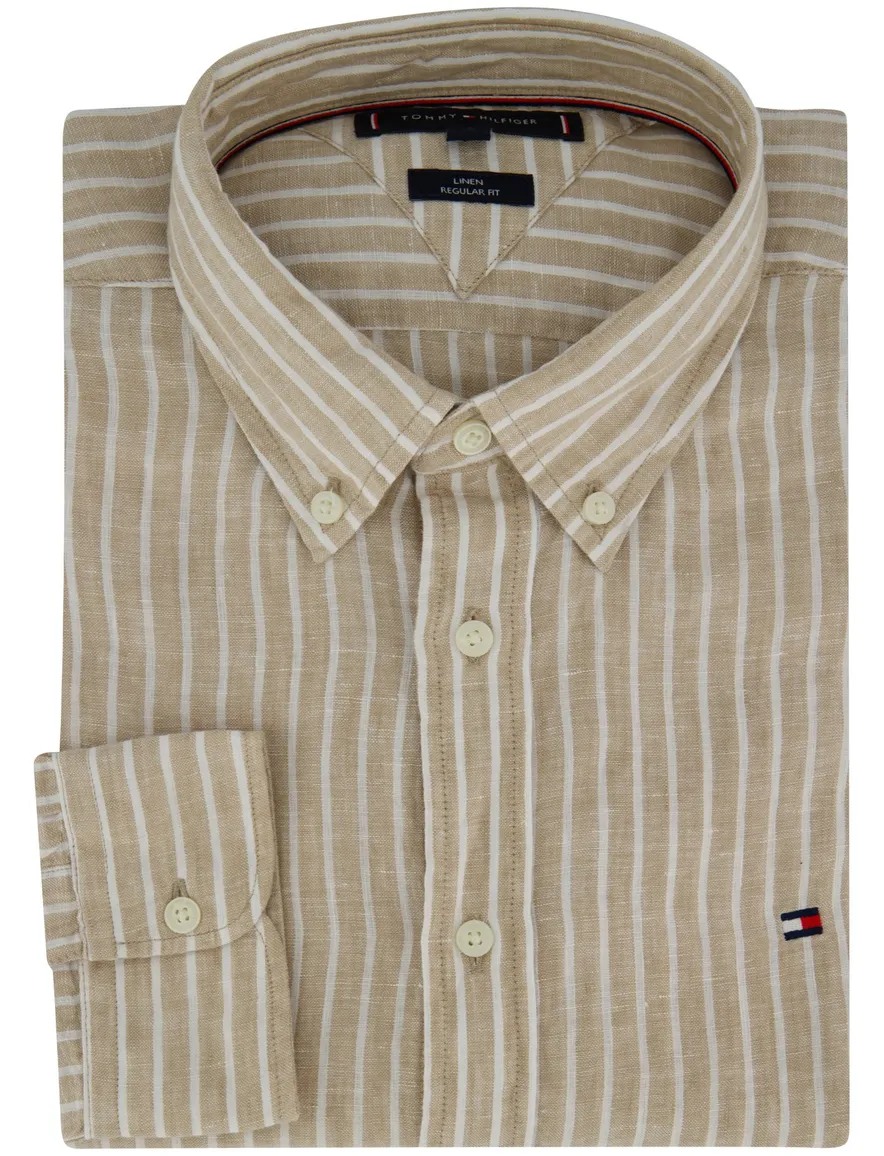 Tommy Hilfiger overhemd beige 100% linnen strepen