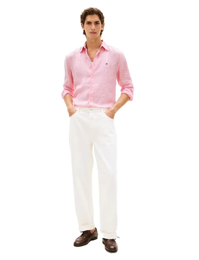overhemd gestreept roze Tommy Hilfiger linnen button-down collar