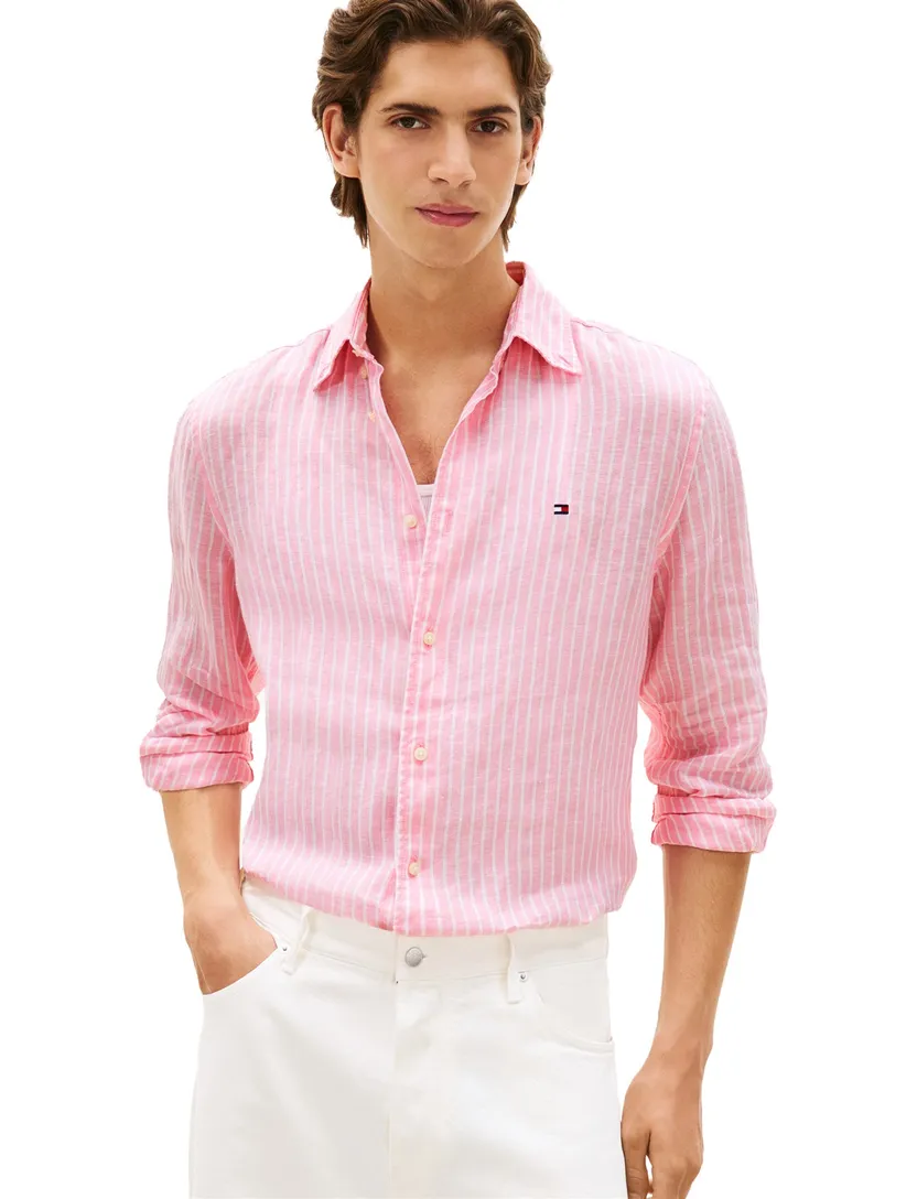 overhemd gestreept roze Tommy Hilfiger linnen button-down collar