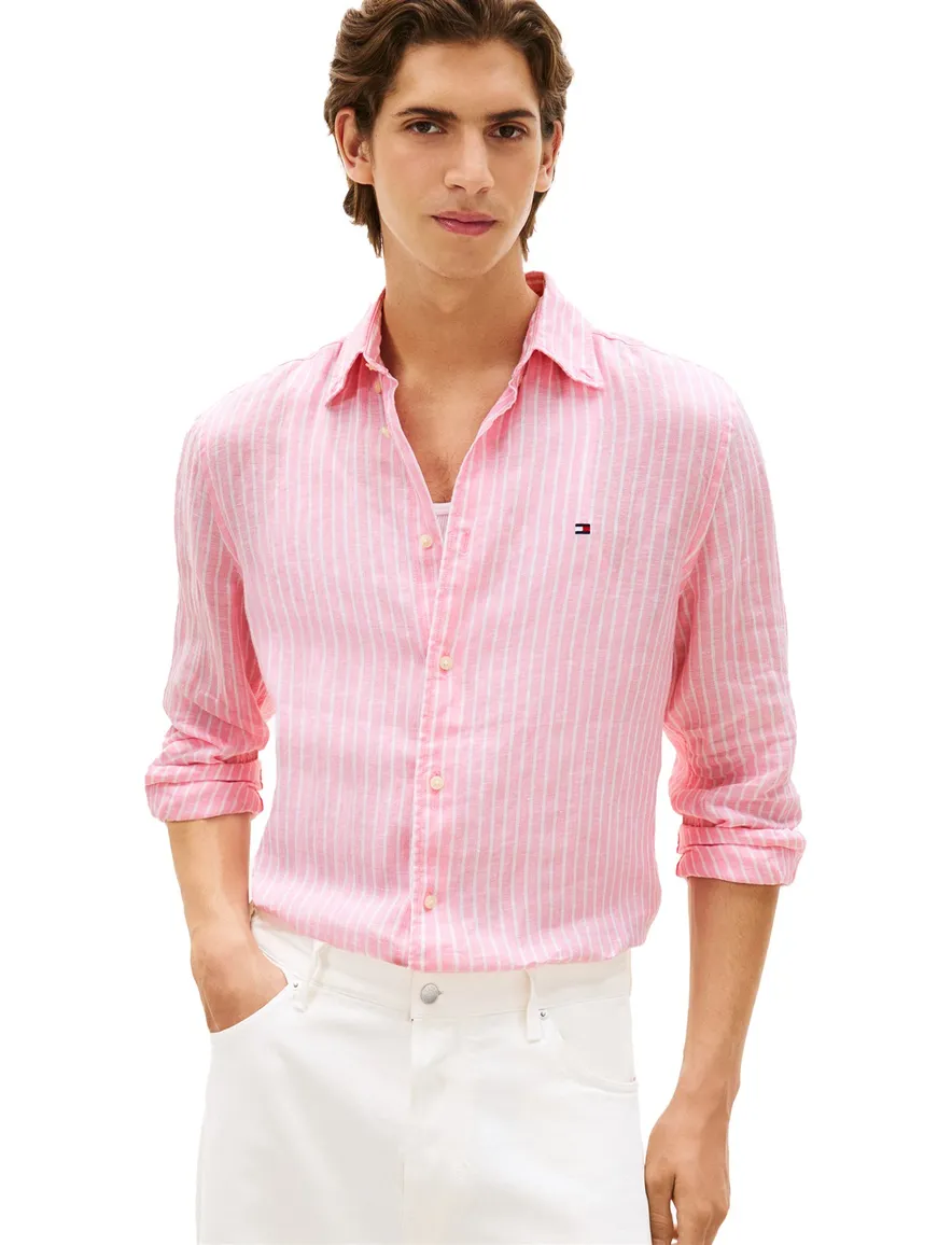 Tommy Hilfiger overhemd roze 100% linnen strepen
