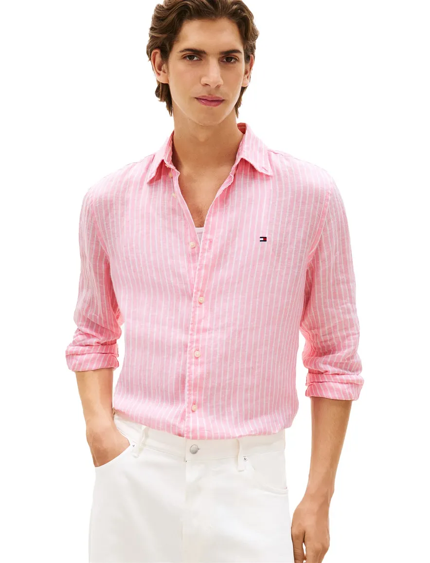 Tommy Hilfiger overhemd roze linen strepen