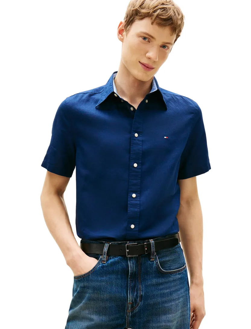 overhemd donkerblauw Tommy Hilfiger korte mouw button-down collar