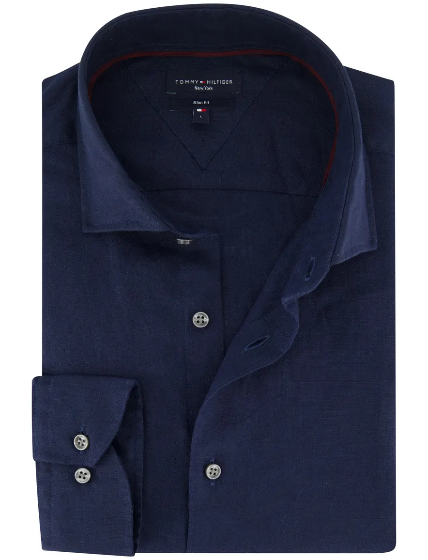 Tommy Hilfiger overhemd donkerblauw linnen semi-wide collar