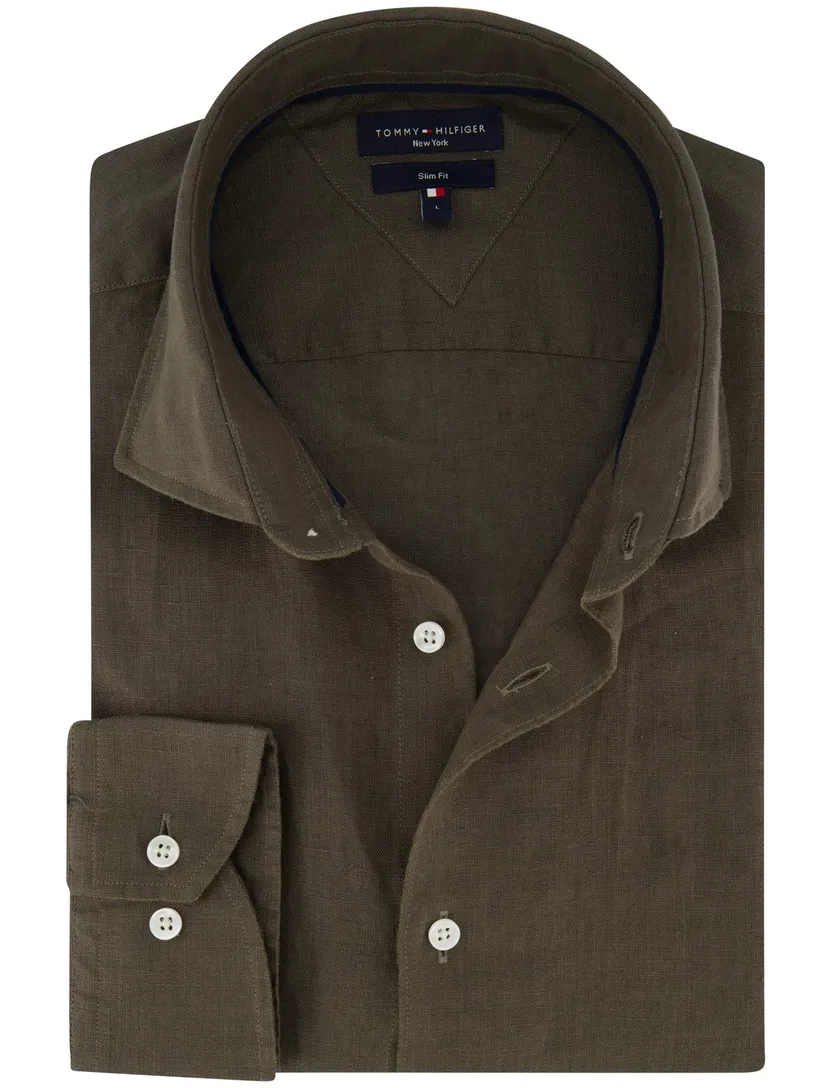 overhemd effen bruin Tommy Hilfiger 100% linnen