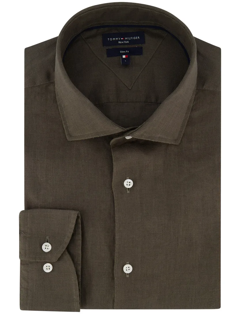 overhemd effen bruin Tommy Hilfiger 100% linnen