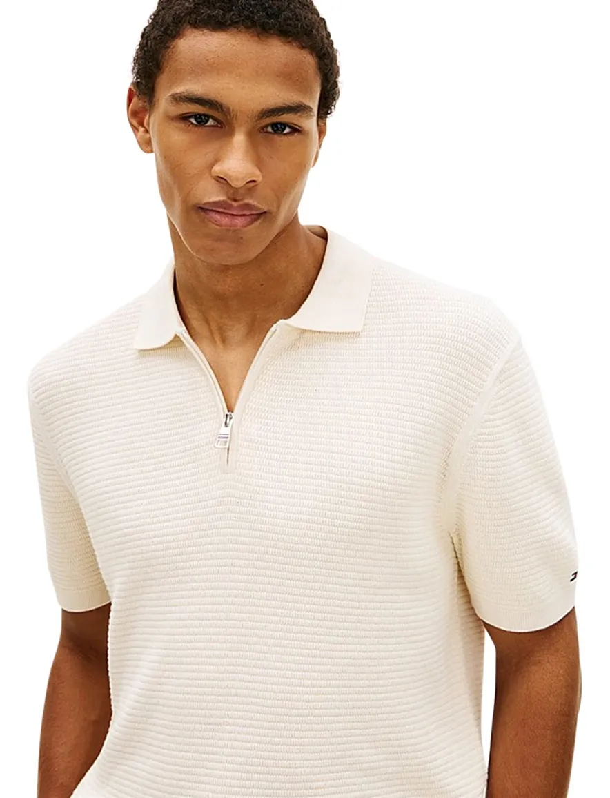 Tommy Hilfiger Polo creme met rits structuur