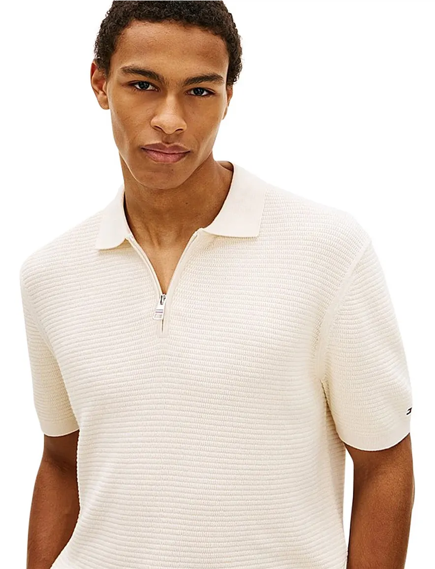 Tommy Hilfiger poloshirt creme met rits structuur