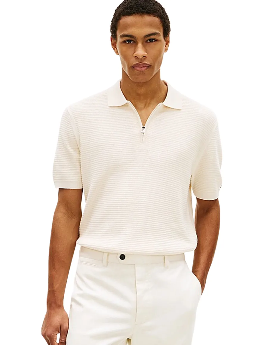 Tommy Hilfiger Polo creme met rits structuur