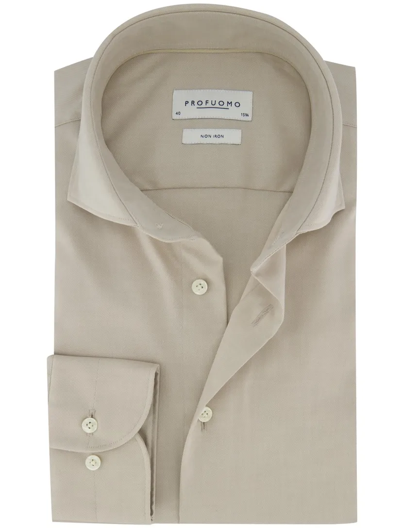 Beige katoenen Profuomo Slim Fit overhemd strijkvrij