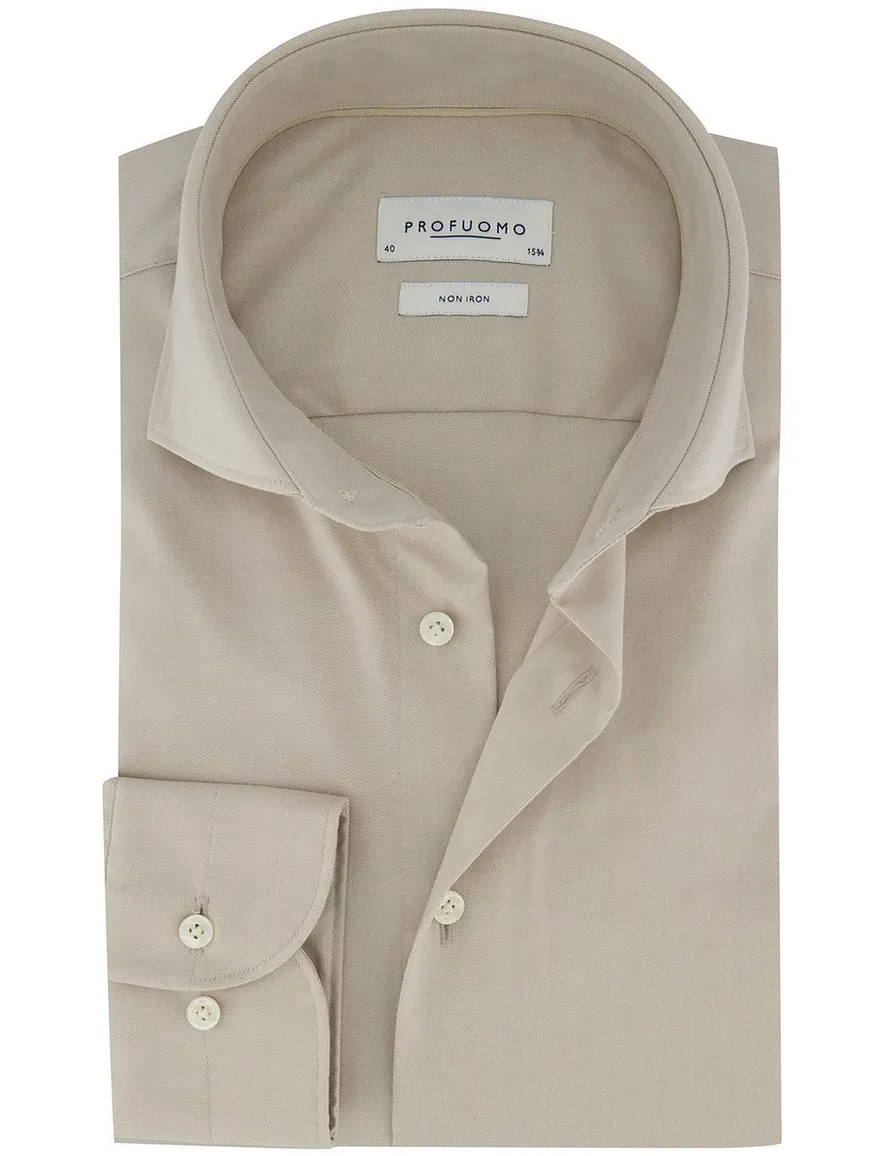 Profuomo overhemd beige strijkvrij