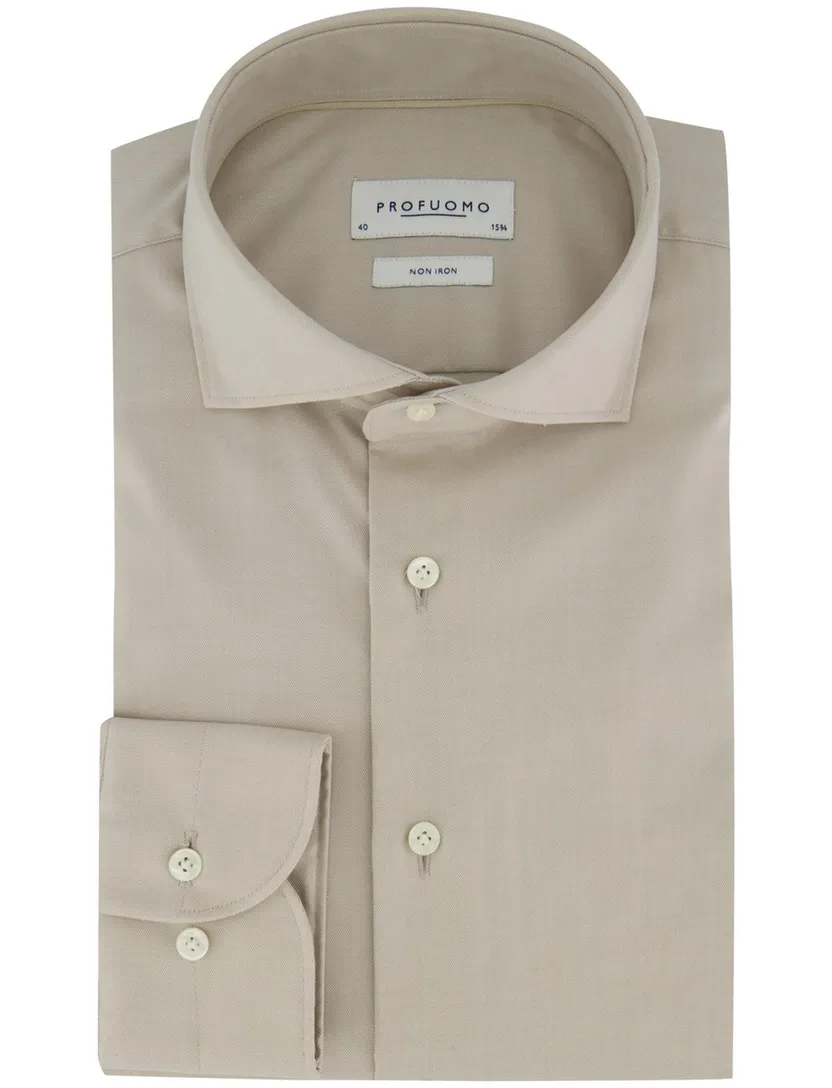 Beige katoenen Profuomo Slim Fit overhemd strijkvrij