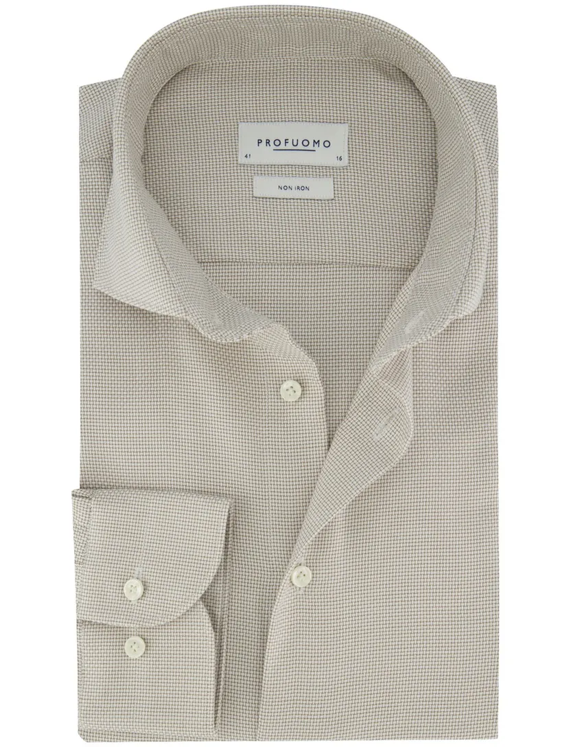 Beige katoenen Profuomo Slim Fit overhemd strijkvrij