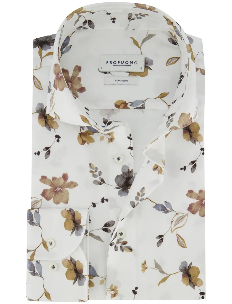 Overhemd Profuomo Slim Fit wit geprint bloemen