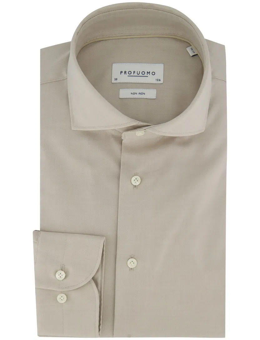 Beige Profuomo overhemd Slim Fit mouwlengte 7 katoen