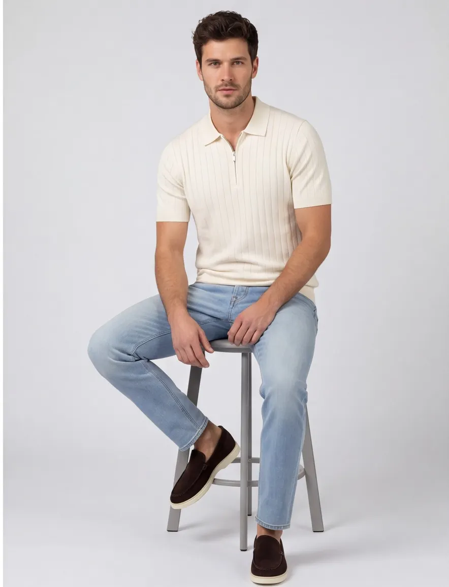 Creme profuomo polo met rits normale fit