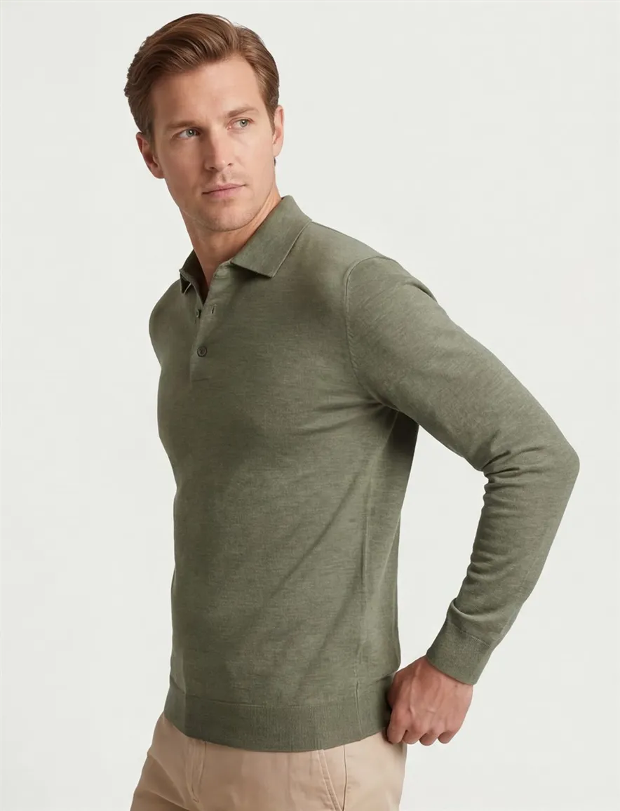 Profuomo Poloshirt groen lange mouw gemeleerd