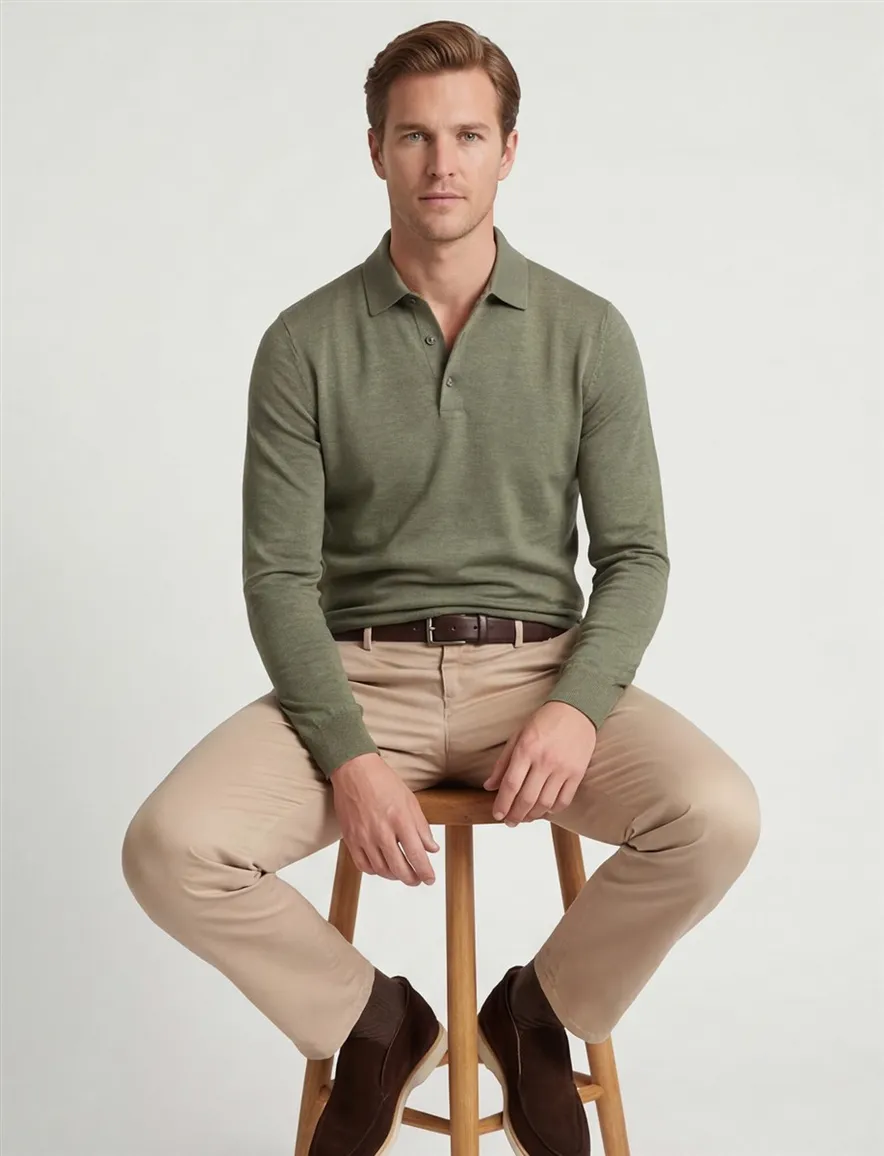 Profuomo Poloshirt groen lange mouw gemeleerd