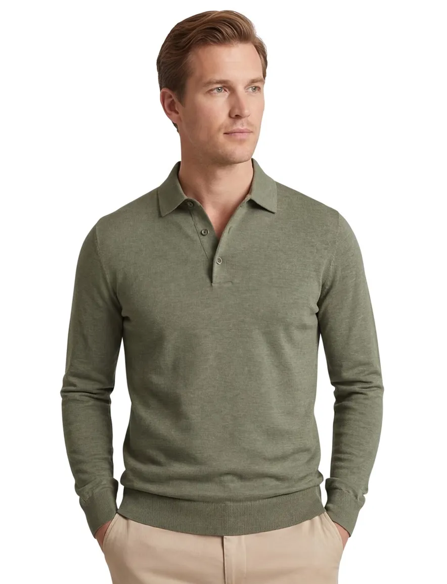 Profuomo Poloshirt groen lange mouw gemeleerd