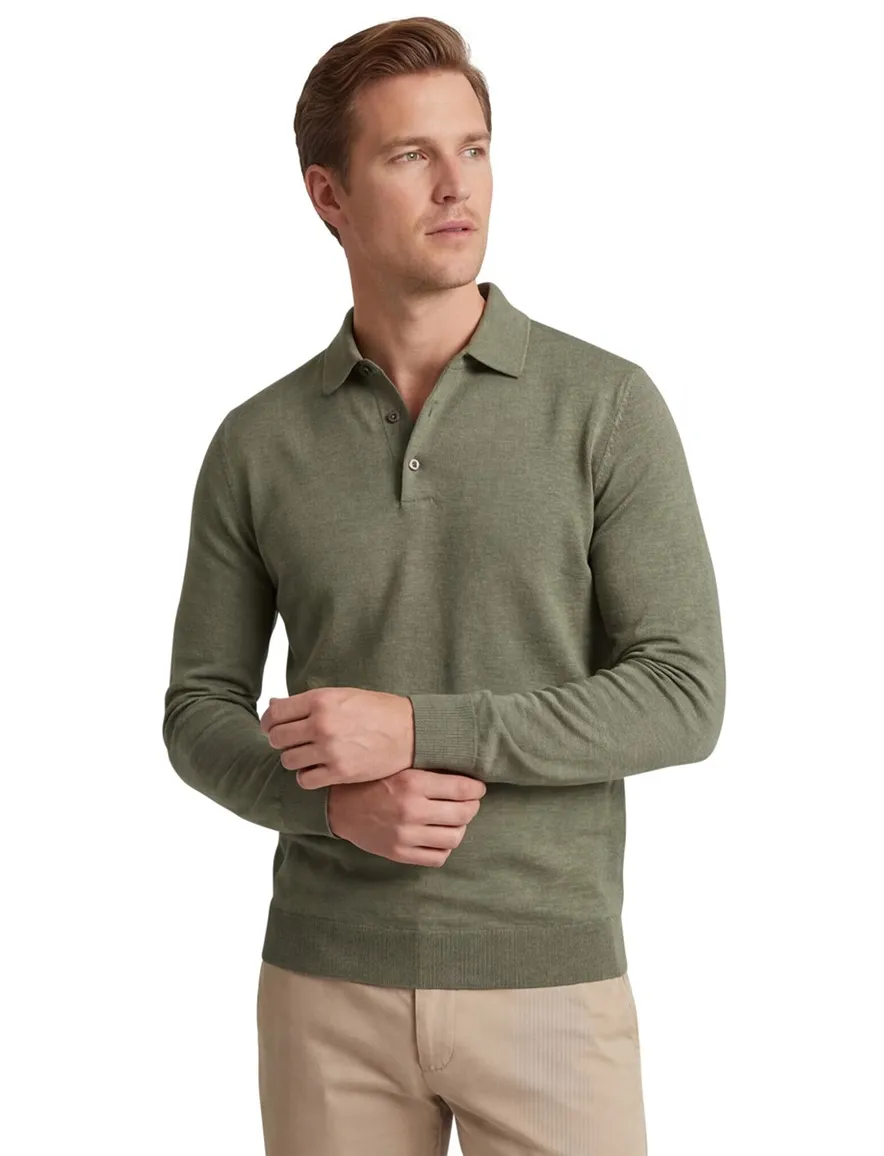 Profuomo Poloshirt groen lange mouw gemeleerd
