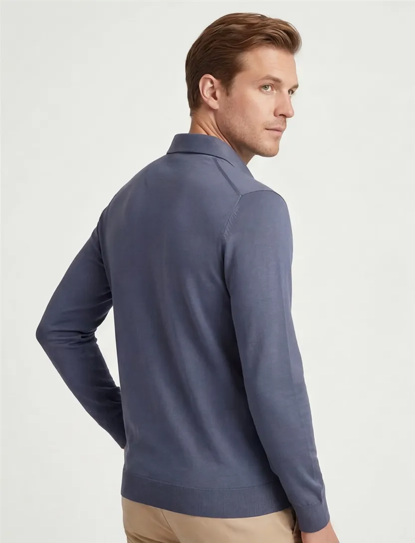 Profuomo Poloshirt blauw lange mouw gemeleerd
