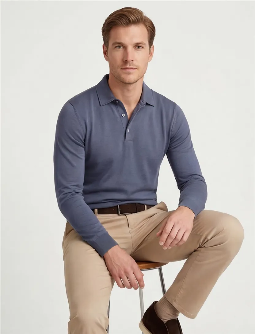 Profuomo Poloshirt blauw lange mouw gemeleerd