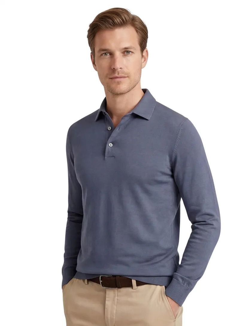Profuomo Poloshirt blauw lange mouw gemeleerd
