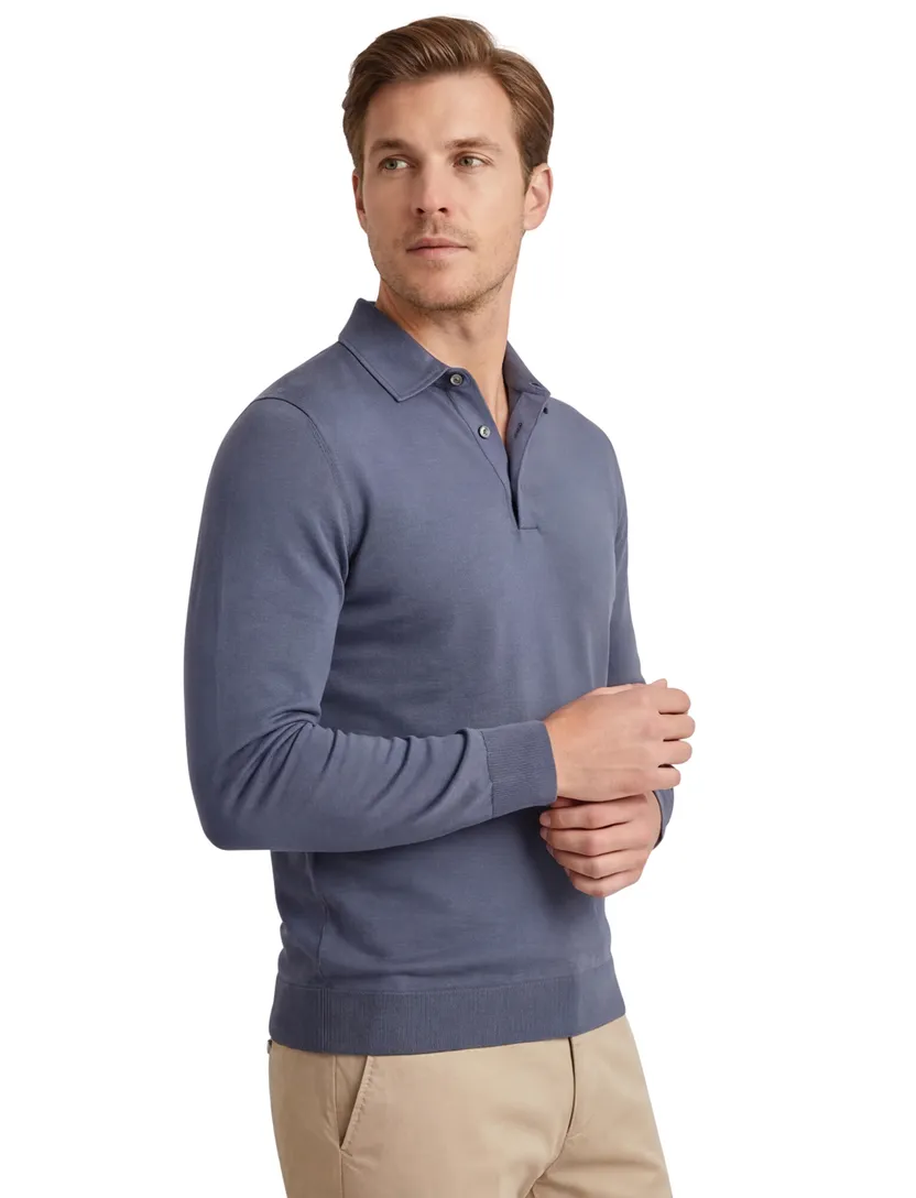 Profuomo Poloshirt blauw lange mouw gemeleerd