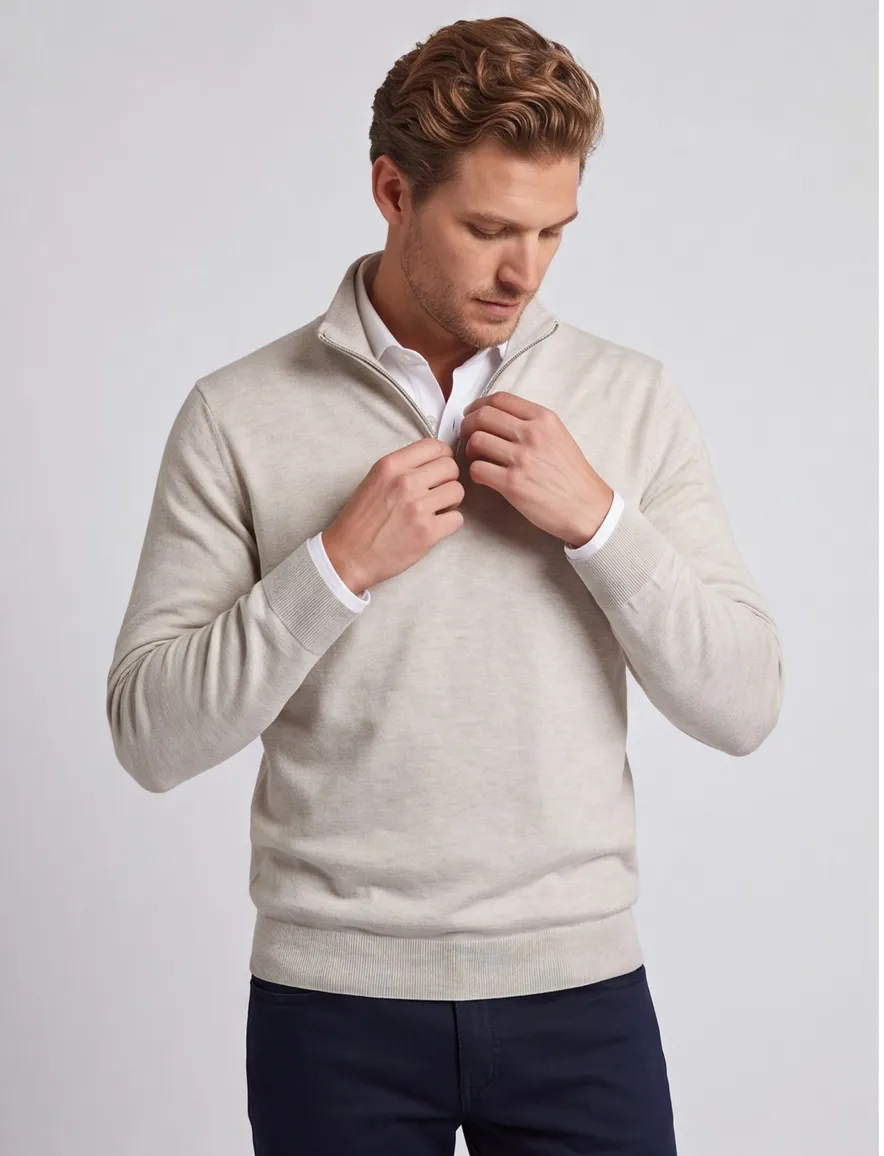 Beige half zip trui Profuomo gemeleerd