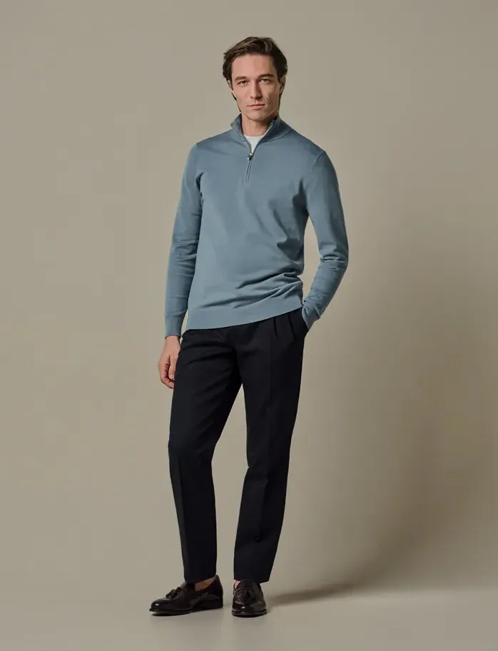 Blauwe Profuomo half zip trui tencel