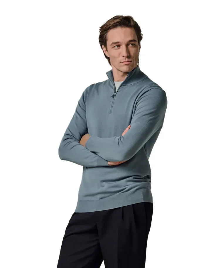 Blauwe Profuomo half zip trui tencel