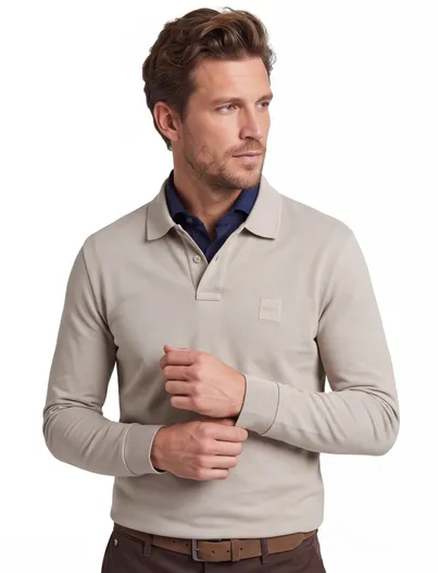 Hugo Boss Khaki poloshirt Boss Orange Passerby lange mouwen