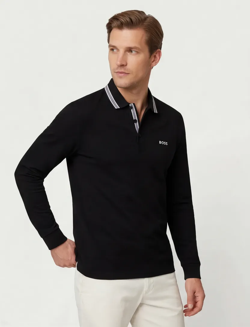 Poloshirt Boss Green Plisy zwart normale fit 3 knoopjes