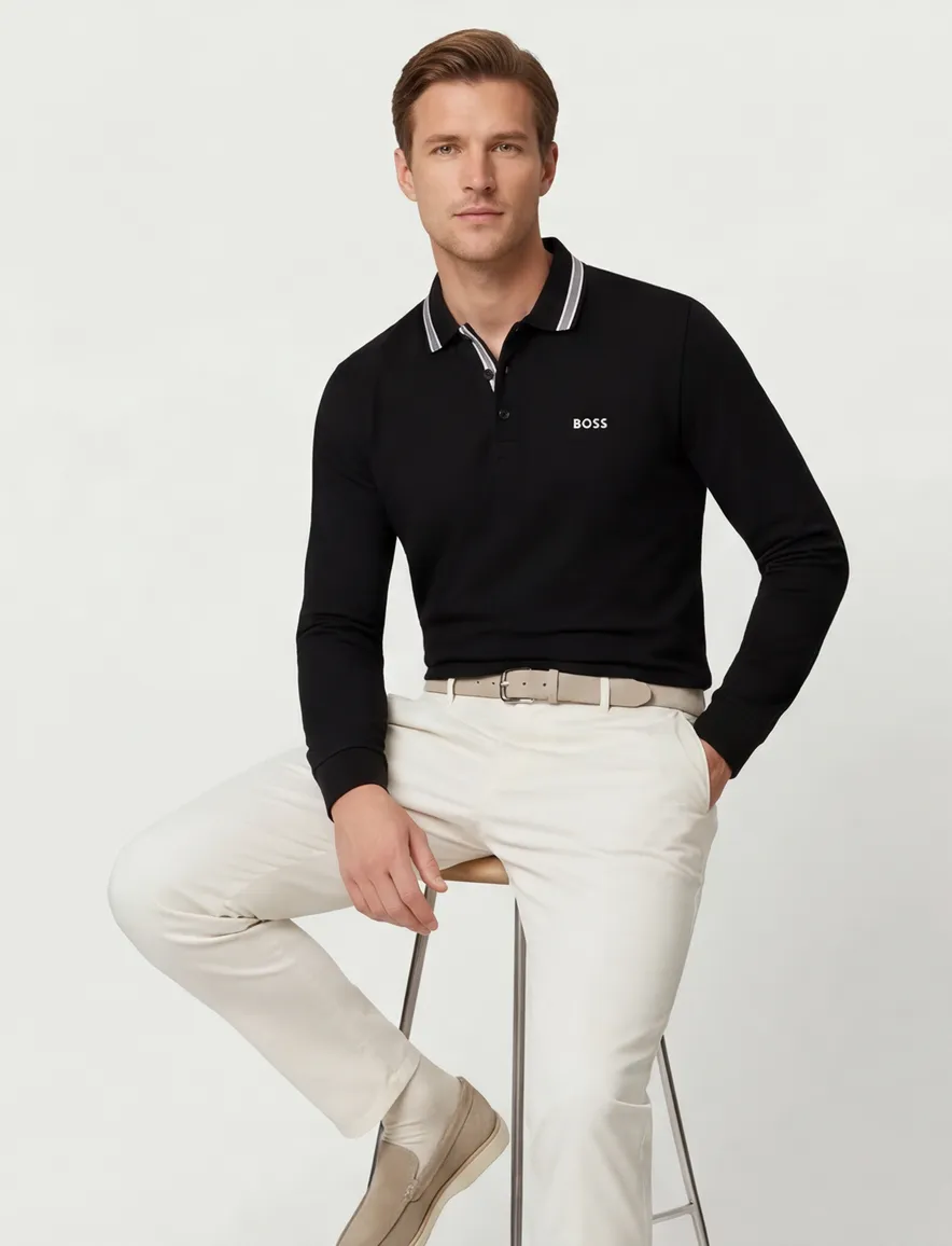 BOSS Black Plisy Poloshirt zwart lange mouw