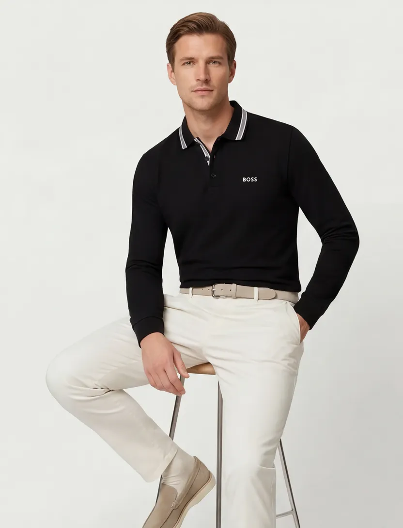 Poloshirt Boss Green Plisy zwart normale fit 3 knoopjes
