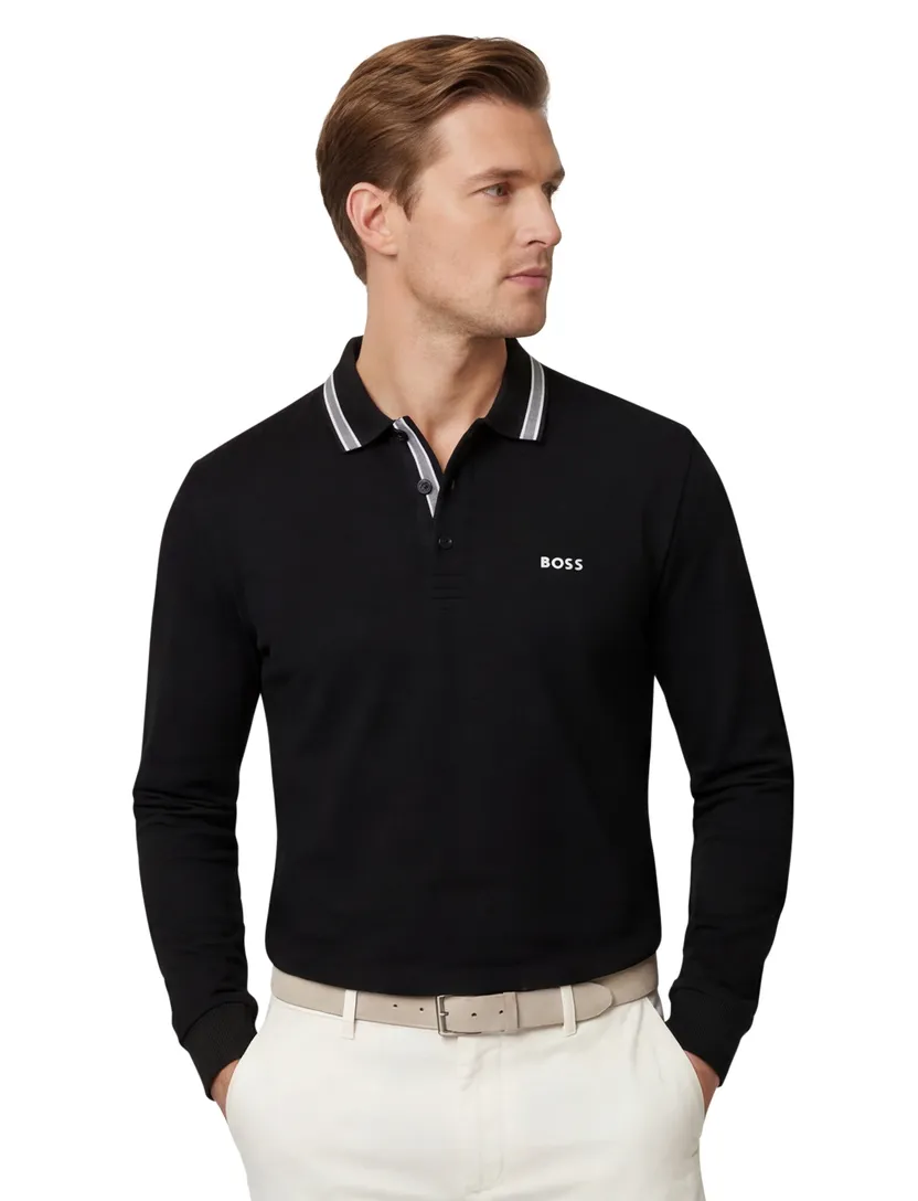 Poloshirt Boss Green Plisy zwart normale fit 3 knoopjes