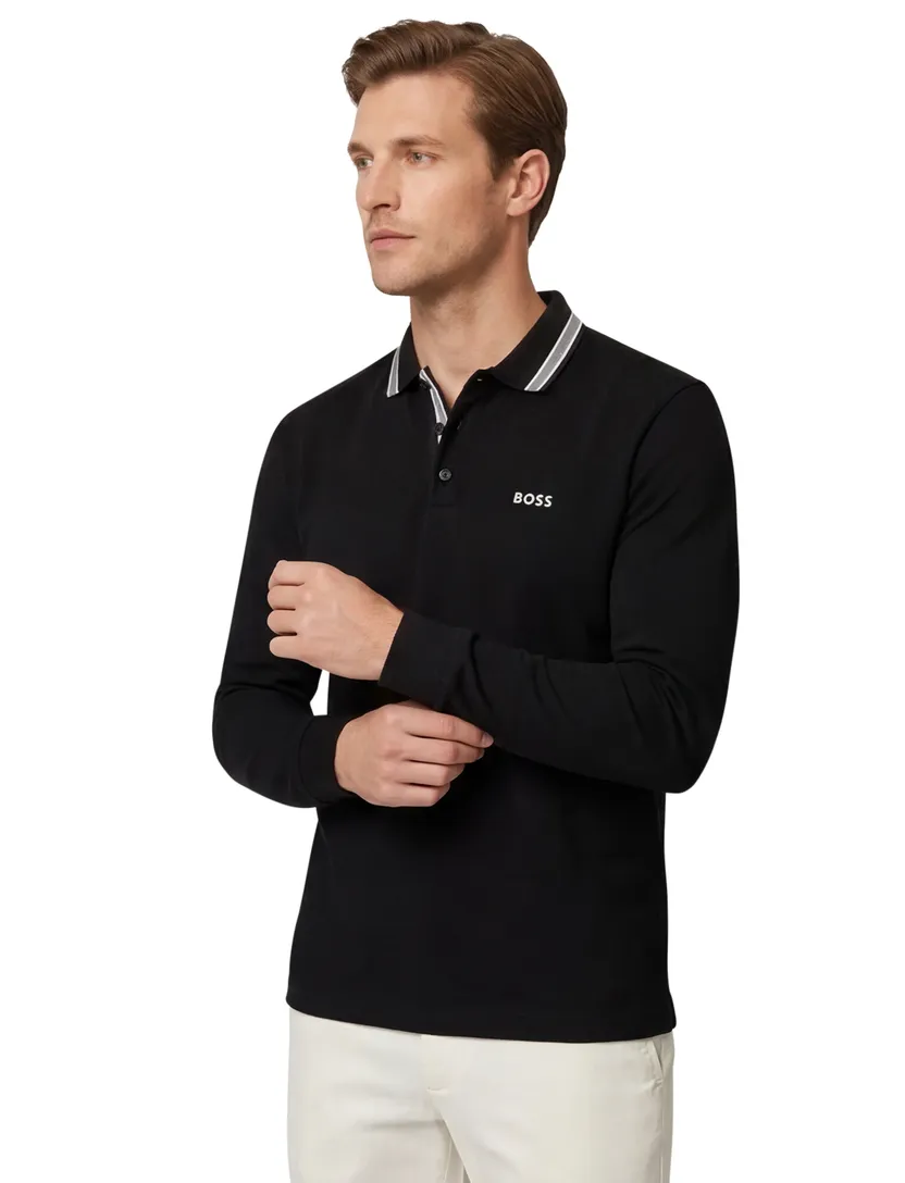 Poloshirt Boss Green Plisy zwart normale fit 3 knoopjes
