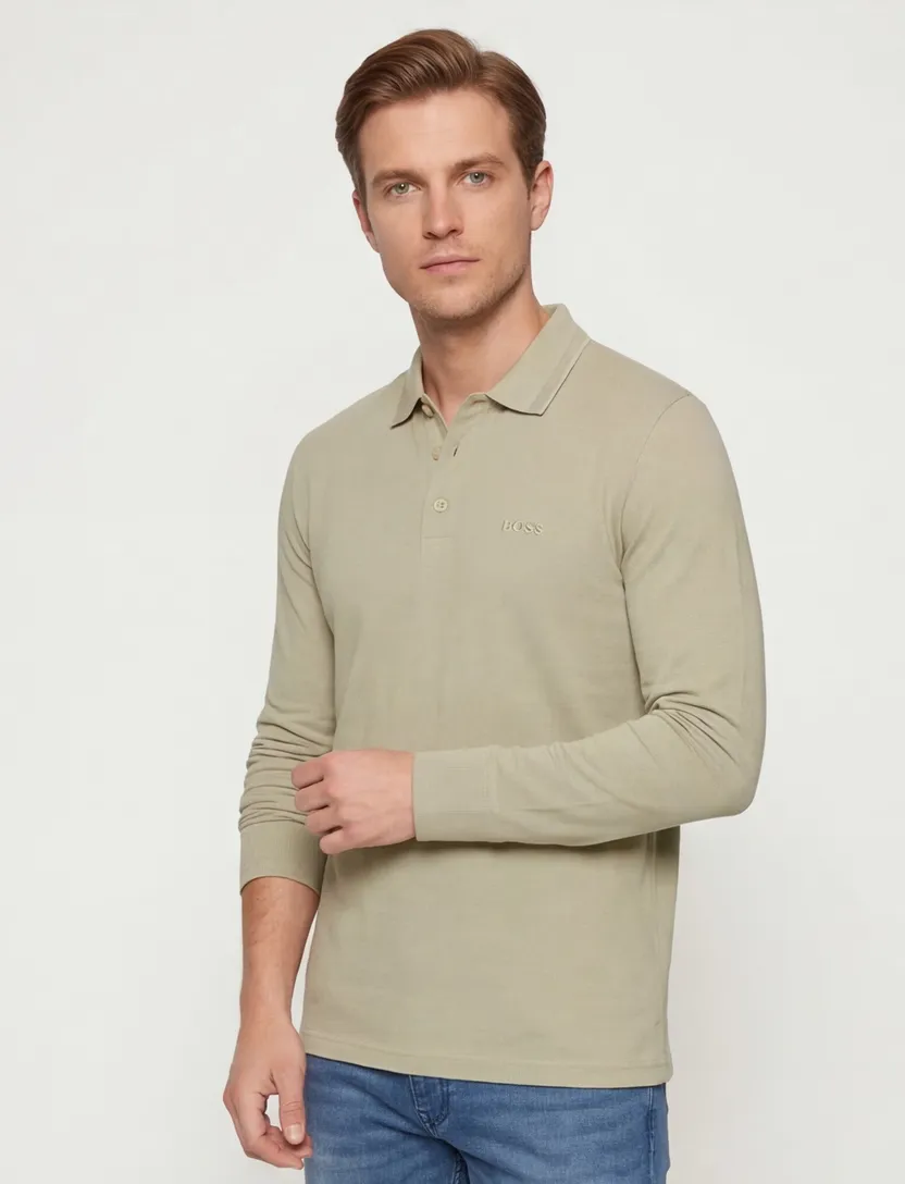Beige poloshirt BOSS Green Plisy lange mouw 3 knoop sluiting