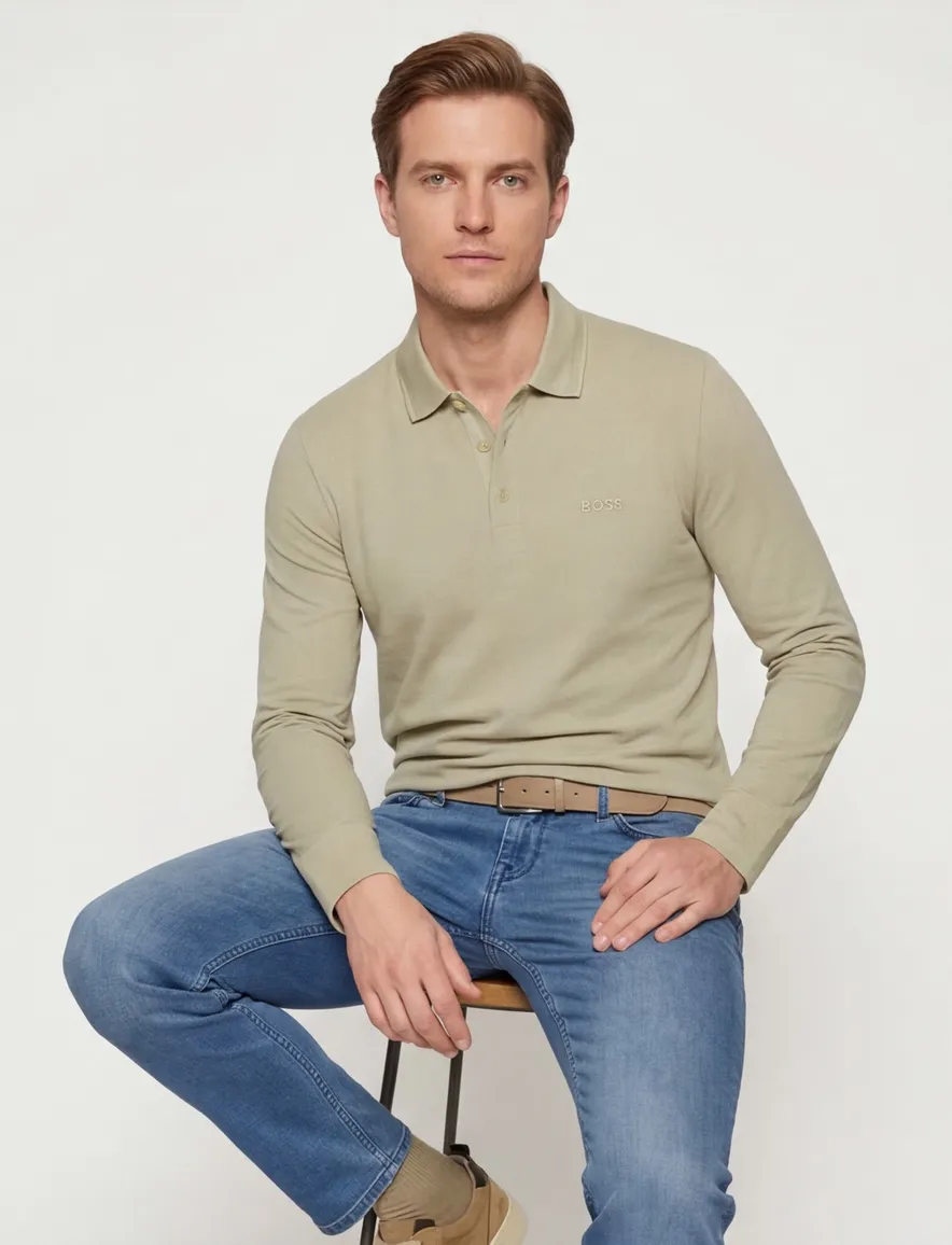 BOSS Green Plisy regular fit poloshirt lange mouw beige