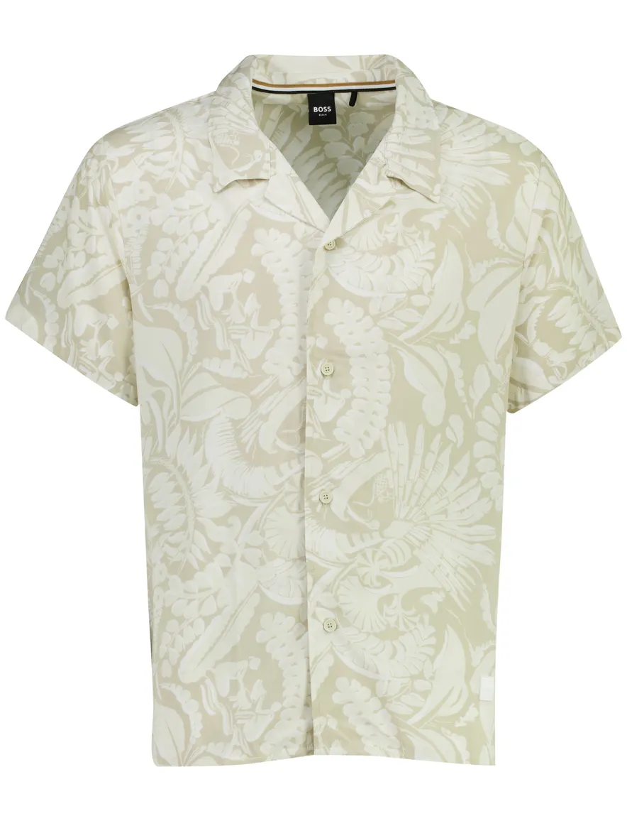 Overhemd BOSS Black beige Beach lijn bladeren print