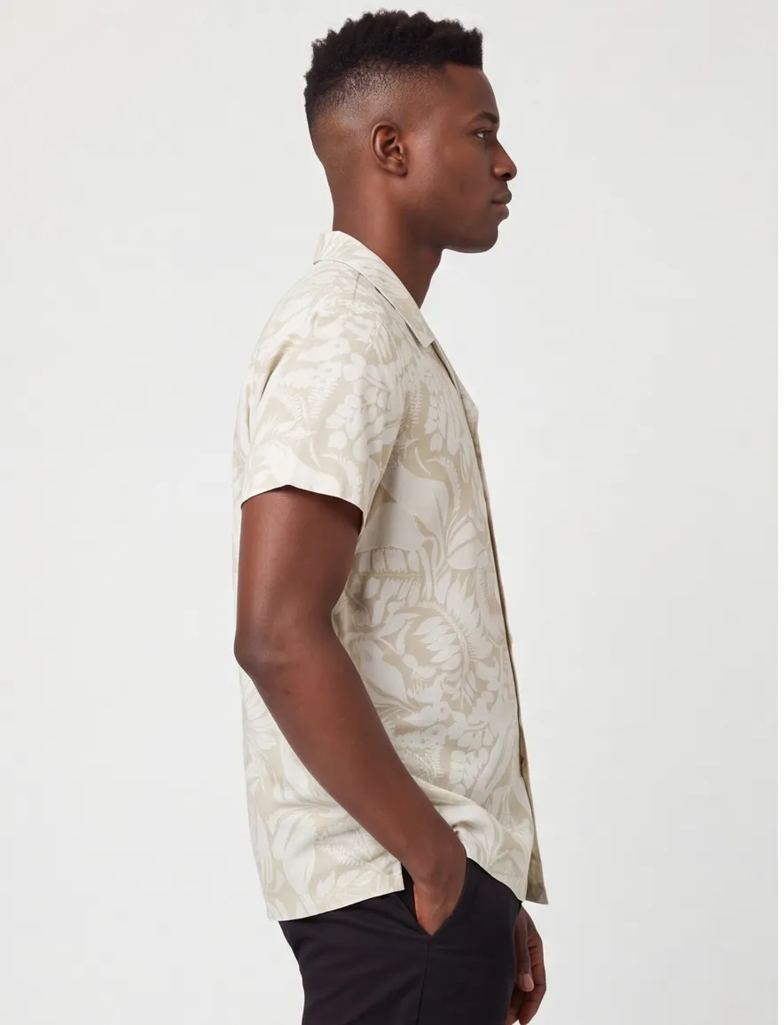 Overhemd BOSS Black beige Beach lijn bladeren print