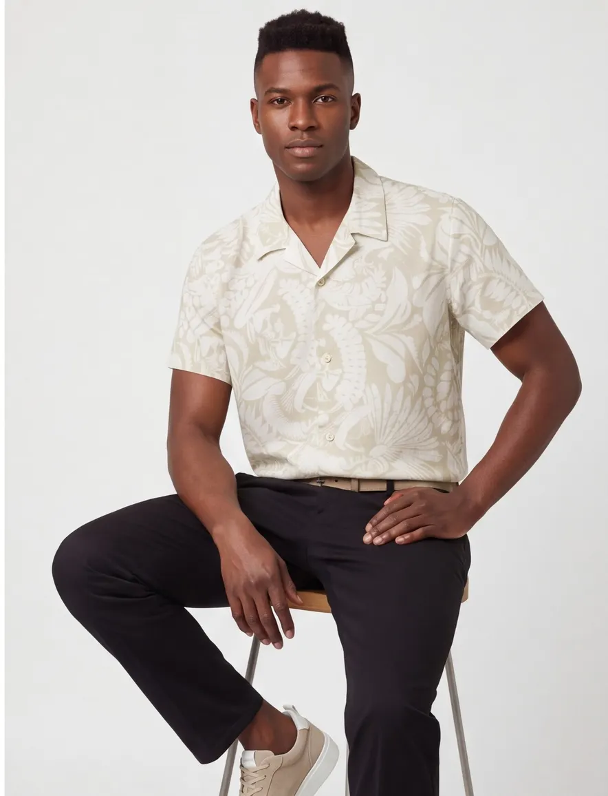 Overhemd BOSS Black beige Beach lijn bladeren print